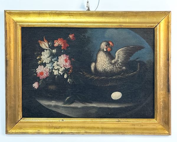 FELICE RUBBIANI - A) Vaso di fiori e pappagallo B) Vaso di fiori e gallina