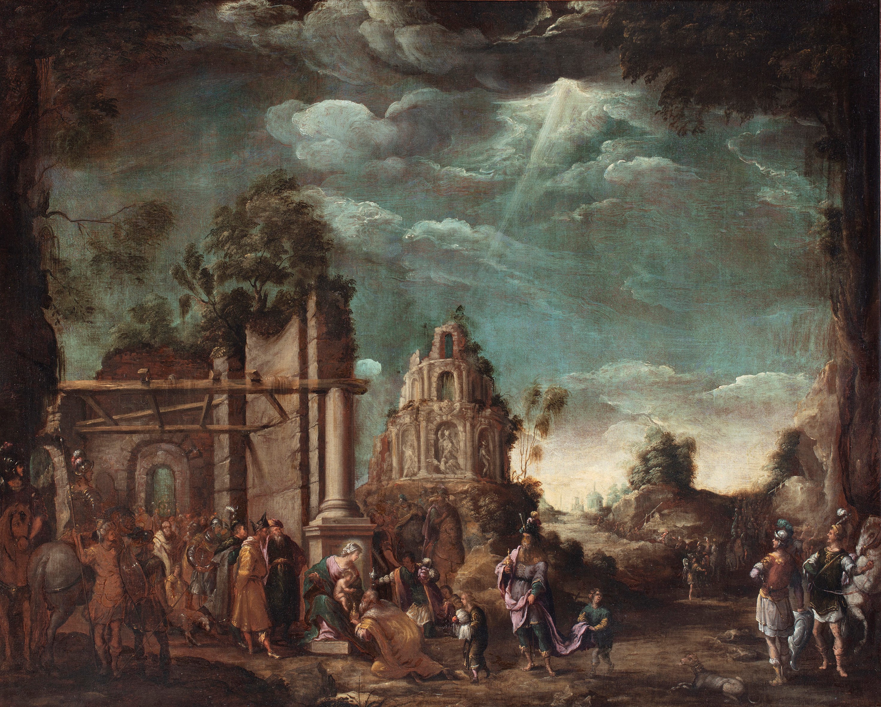 Domenico Carpinoni - Adorazione dei Magi tra rovine classiche, olio su tela