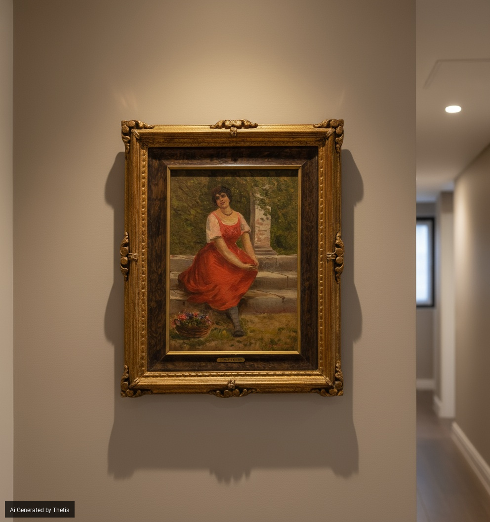 Anonimo del XIX Secolo - Ritratto di donna sotto il pergolato, olio su cartone
