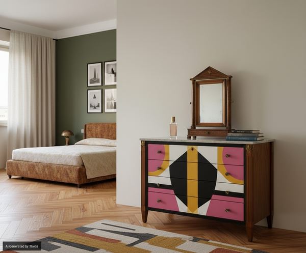 Psiche da tavolo in noce e intarsi in legni diversi