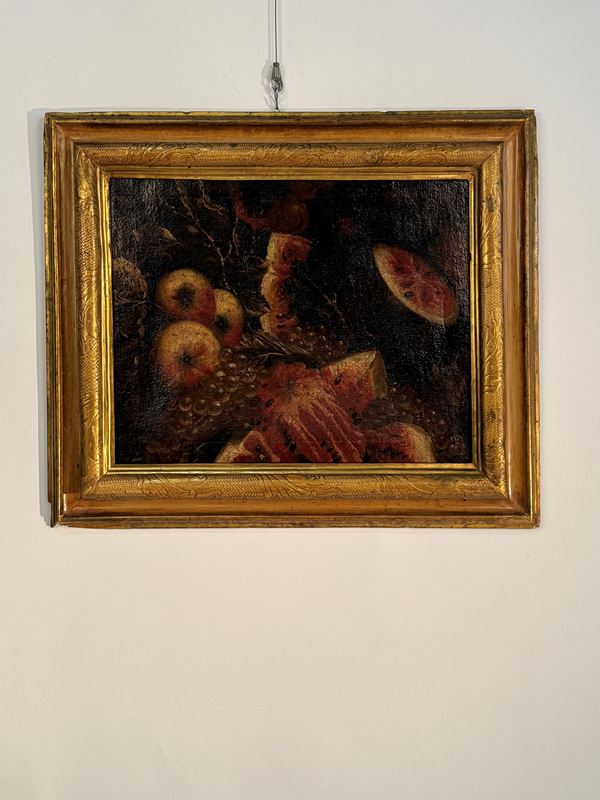 Anonimo del XVIII secolo - Natura morta con mele, anguria e uva 
