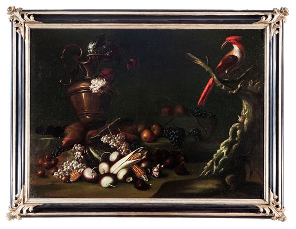 CARLO ANTONIO CRESPI -  Natura morta con frutta, un'anfora e un pappagallo