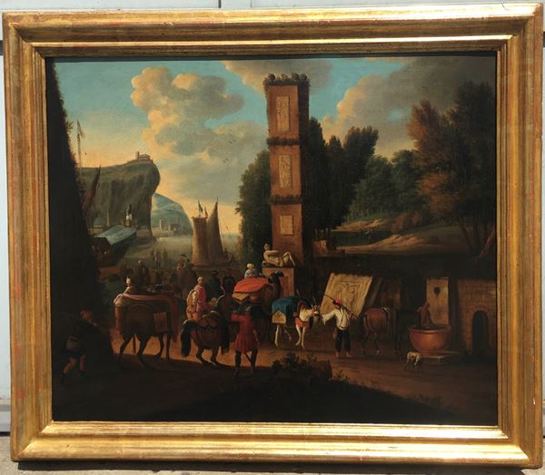 Anonimo fiammingo del XVIII secolo - Veduta di porto con obelisco