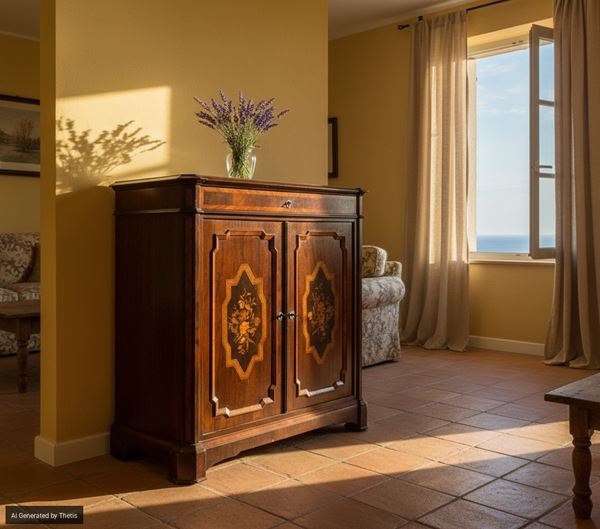 Credenza lastronata e intarsiata in legni diversi