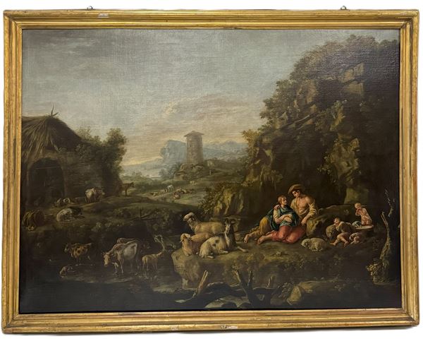 GIUSEPPE TASSONI - Paesaggio con armenti e famiglia di pastori