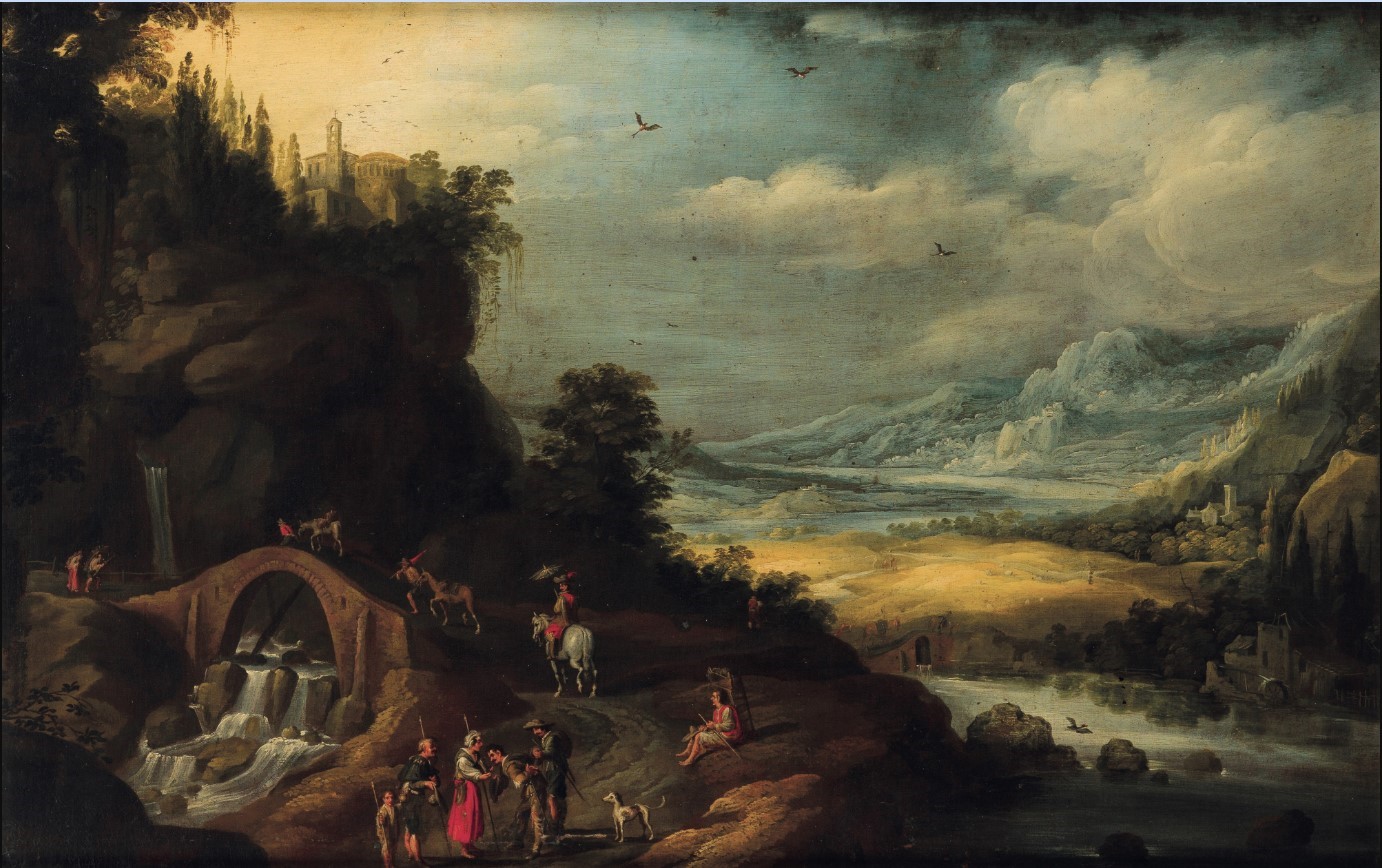 Paesaggio fluviale con viandanti