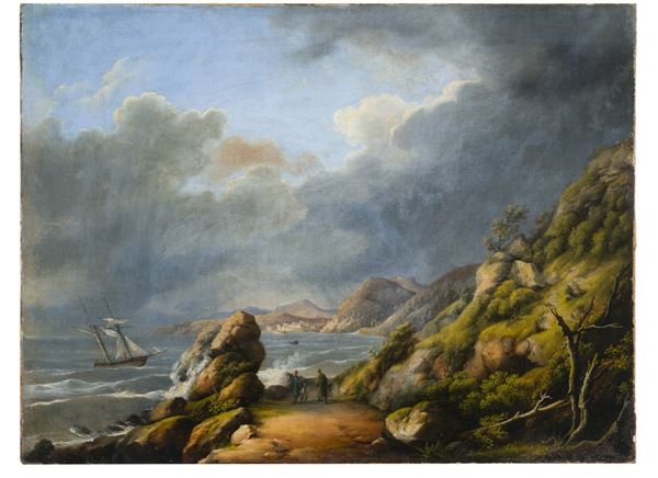 Scuola francese del XIX secolo - Marina con veliero e figure