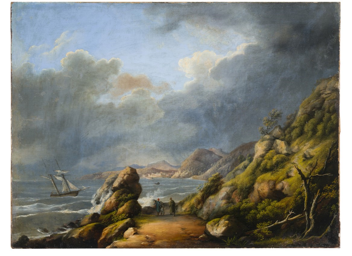 Marina con veliero e figure