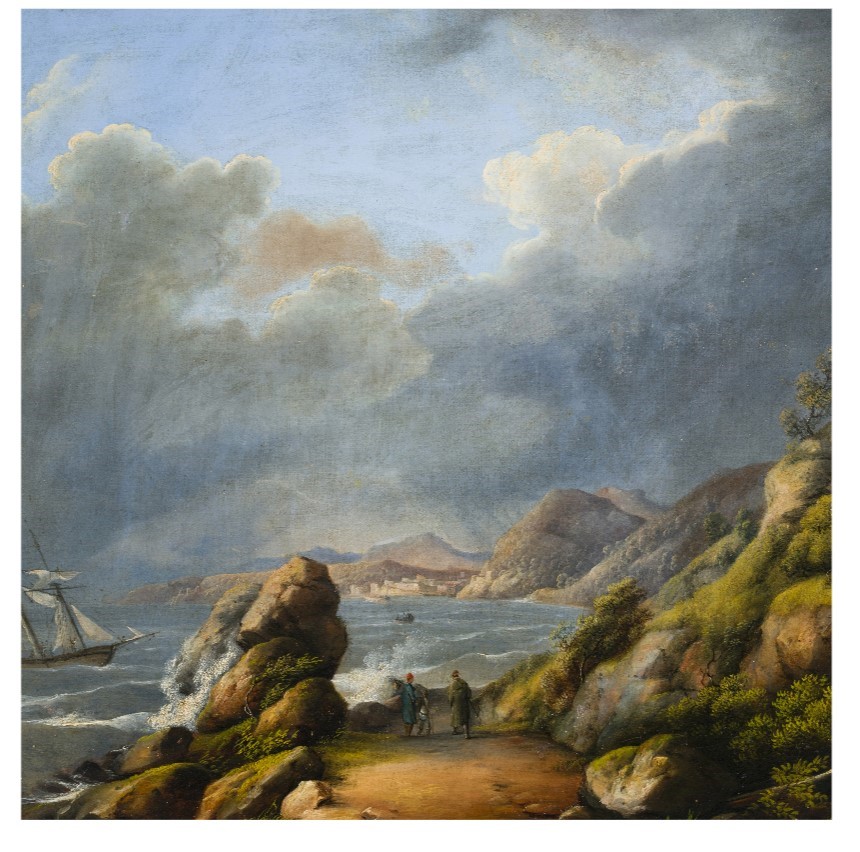 Marina con veliero e figure