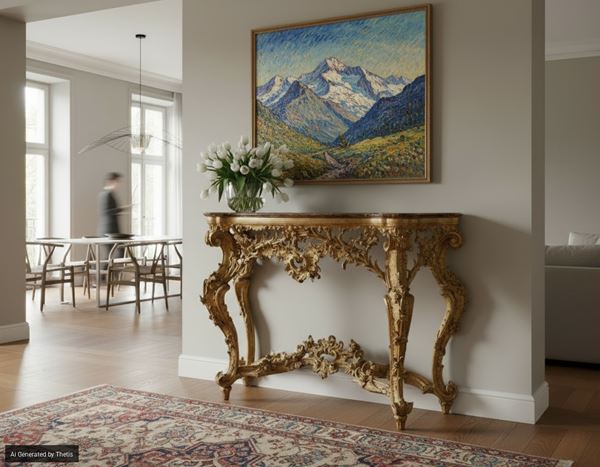 Console in legno scolpito intagliato e dorato, Genova