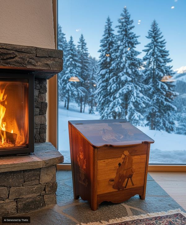 Portalegna intarsiato in legni diversi