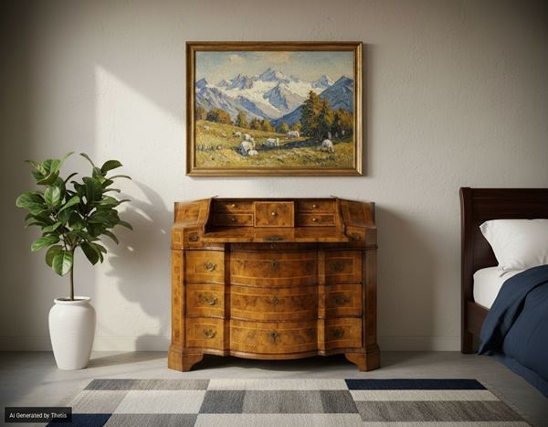 Cassettone a ribalta lastronato in noce e radica di noce, Verona