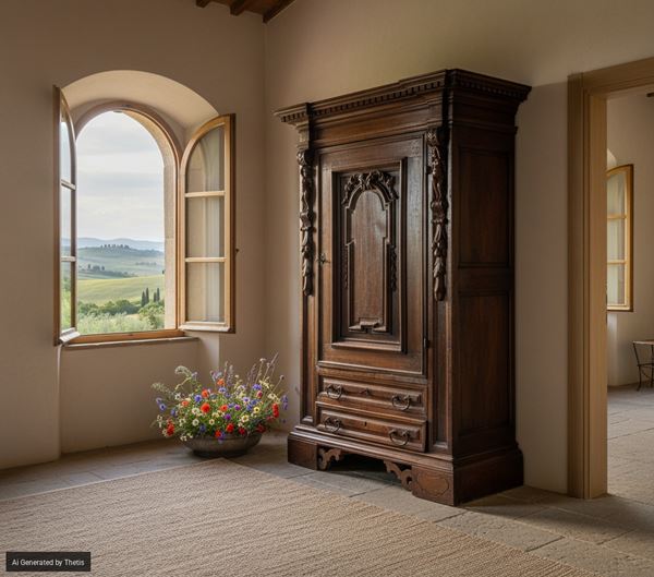 Credenza in noce di gusto neorinascimentale e ricostruito con elementi antichi