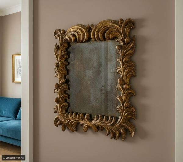 Cornice montata a specchiera in legno scolpito e dorato