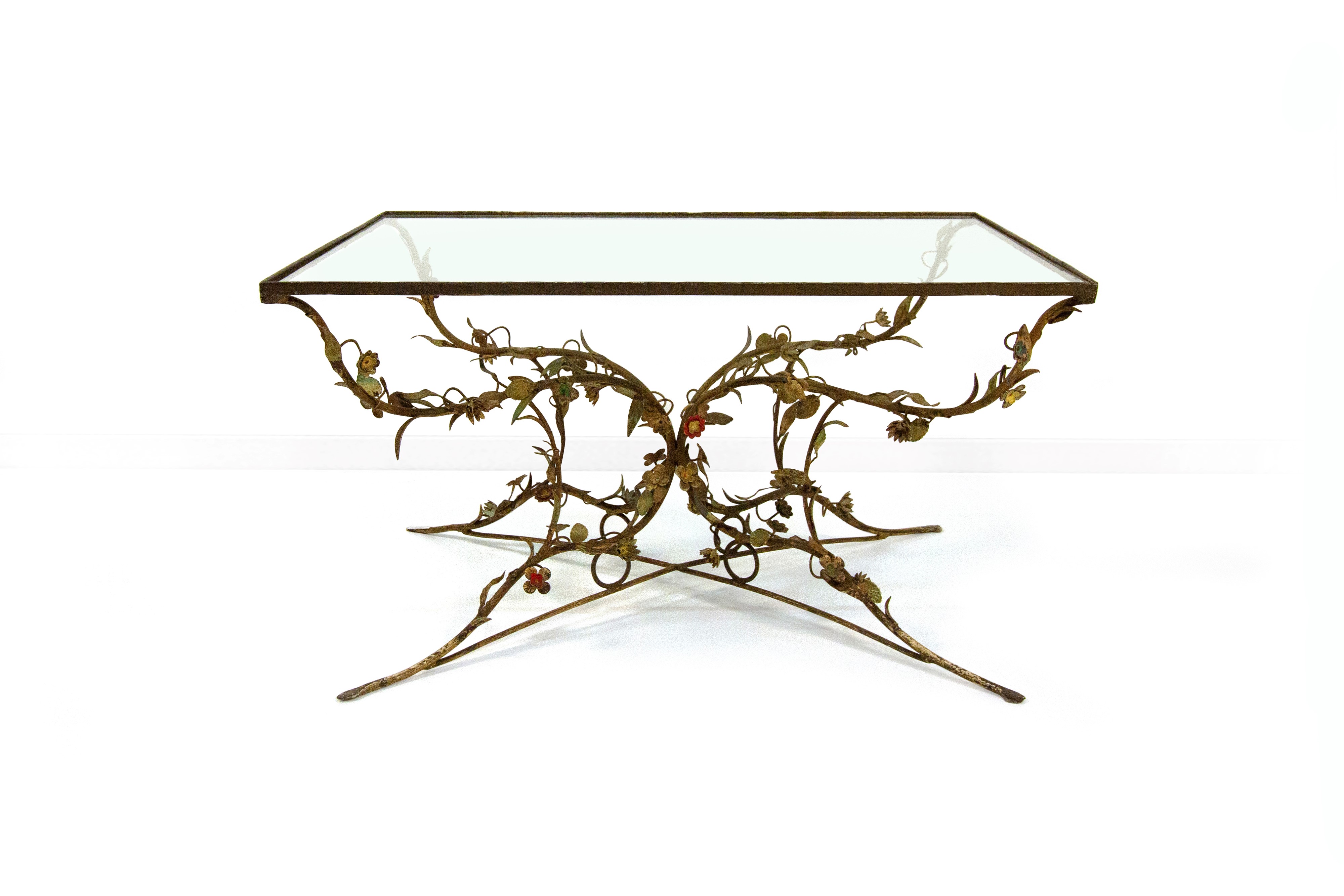 Tavolino in ferro battuto e vetro