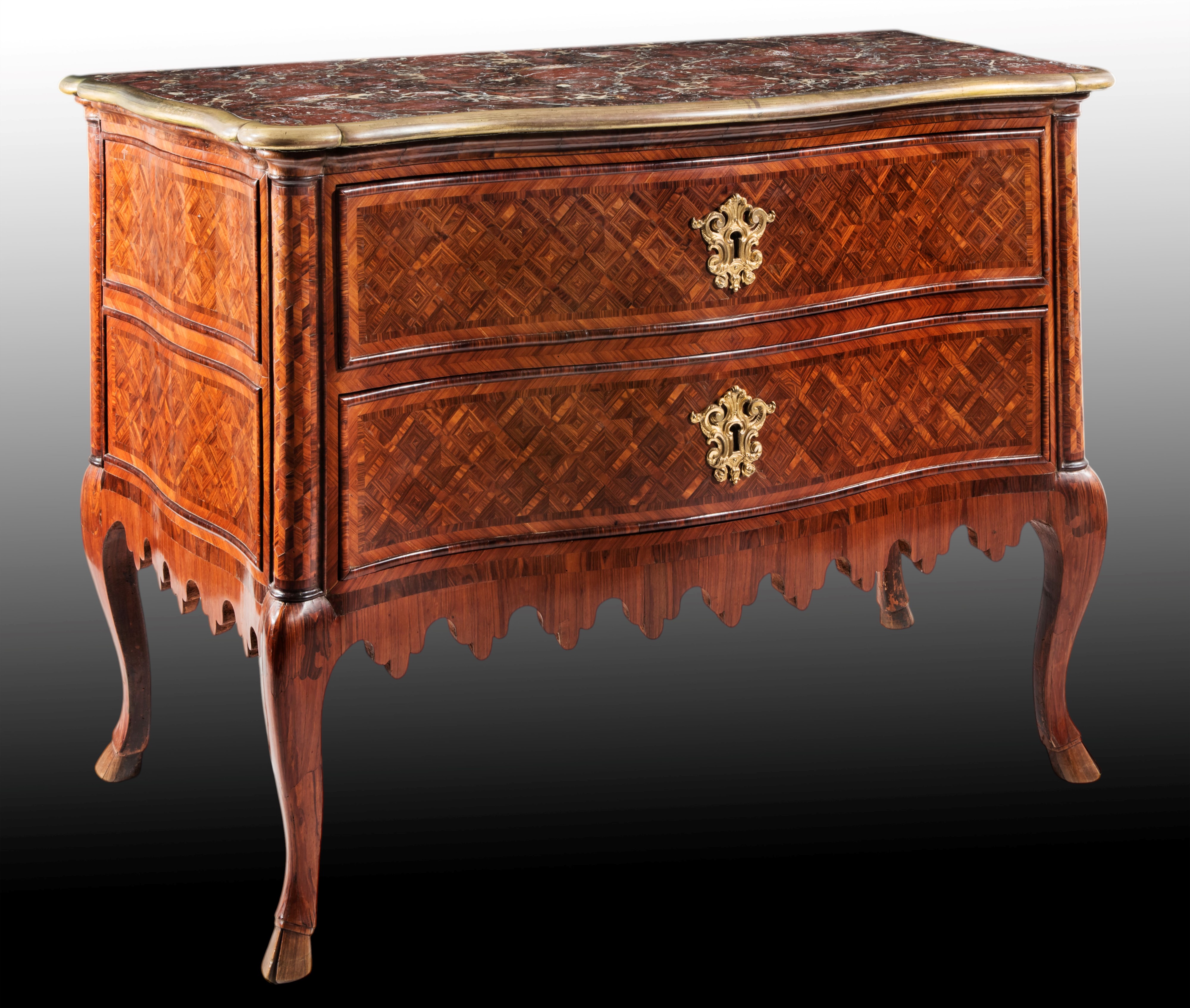 Cassettone intarsiato a marqueterie in legni diversi, Roma