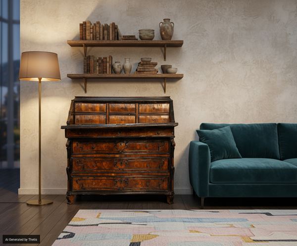 Cassettone a ribalta lastronato in radica di noce, Lombardia