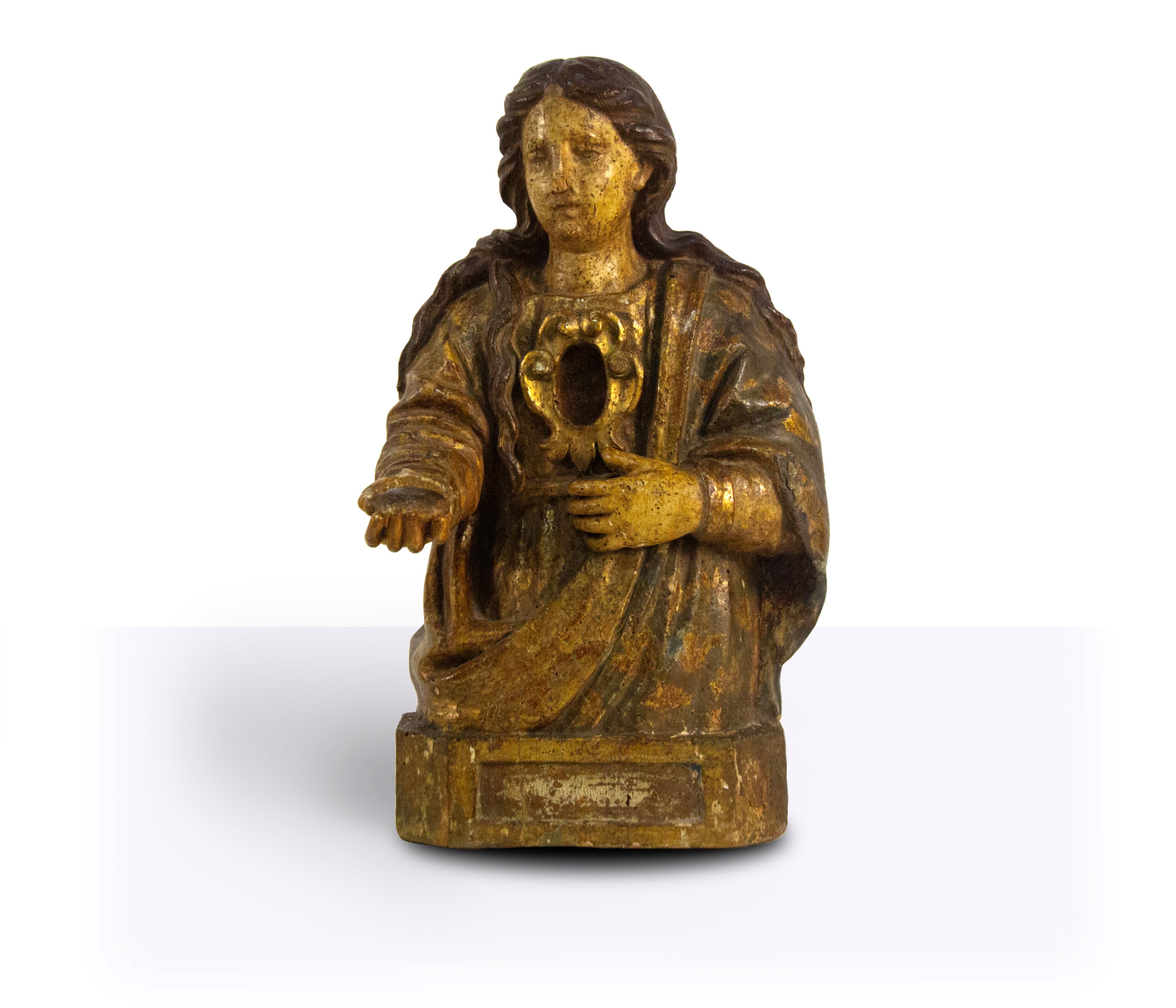 Scultura reliquiario in legno scolpito laccato e dorato