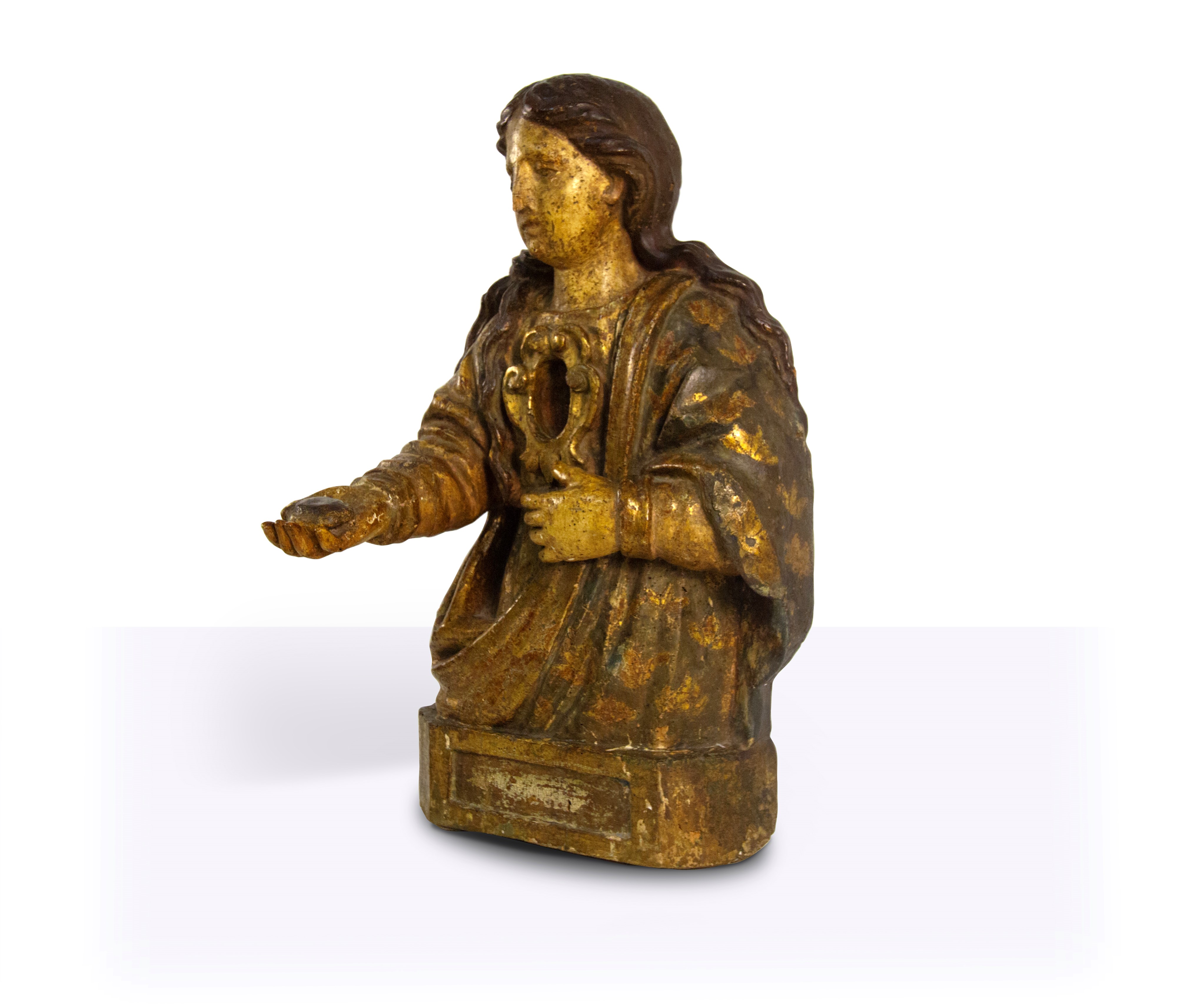 Scultura reliquiario in legno scolpito laccato e dorato