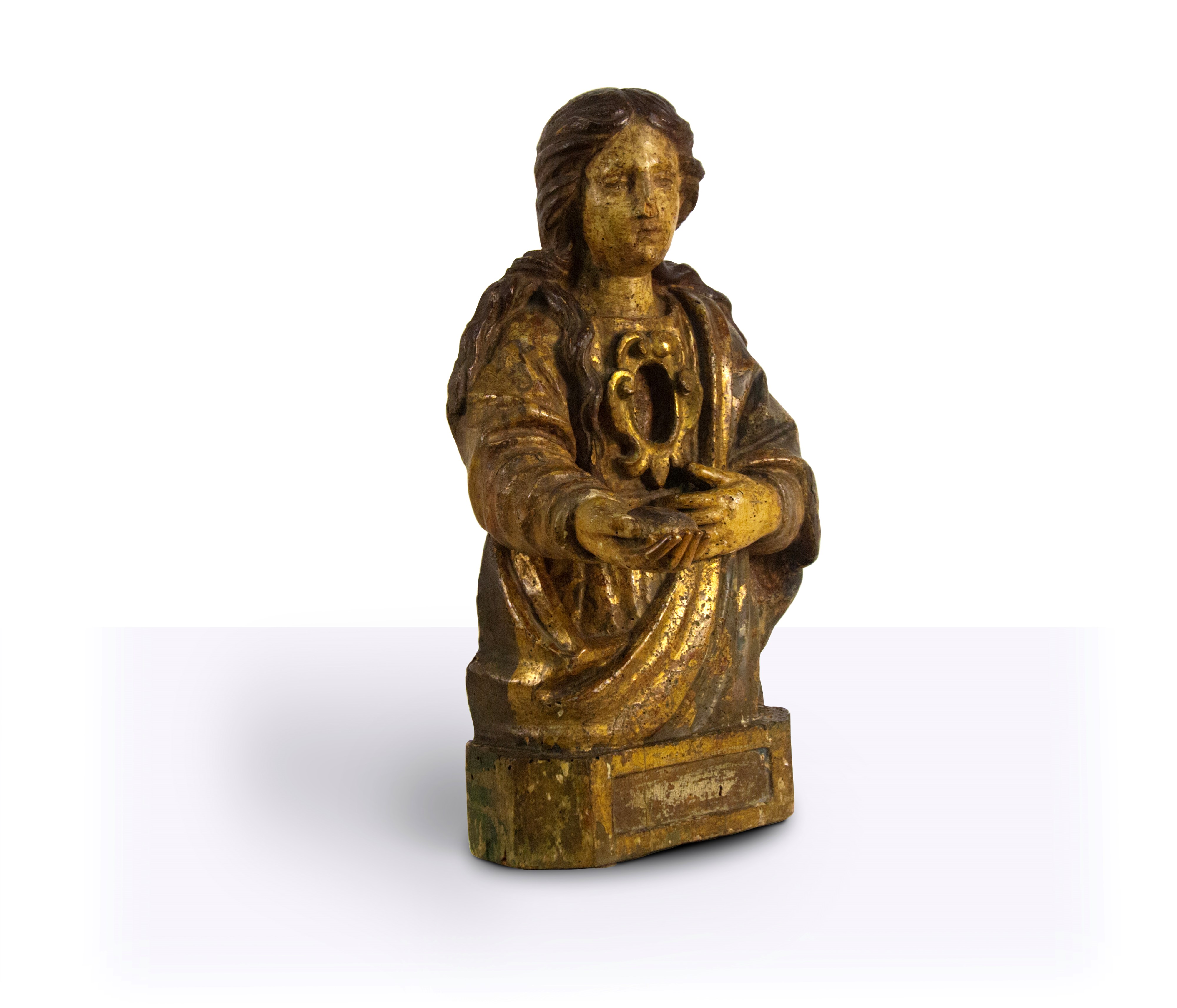 Scultura reliquiario in legno scolpito laccato e dorato