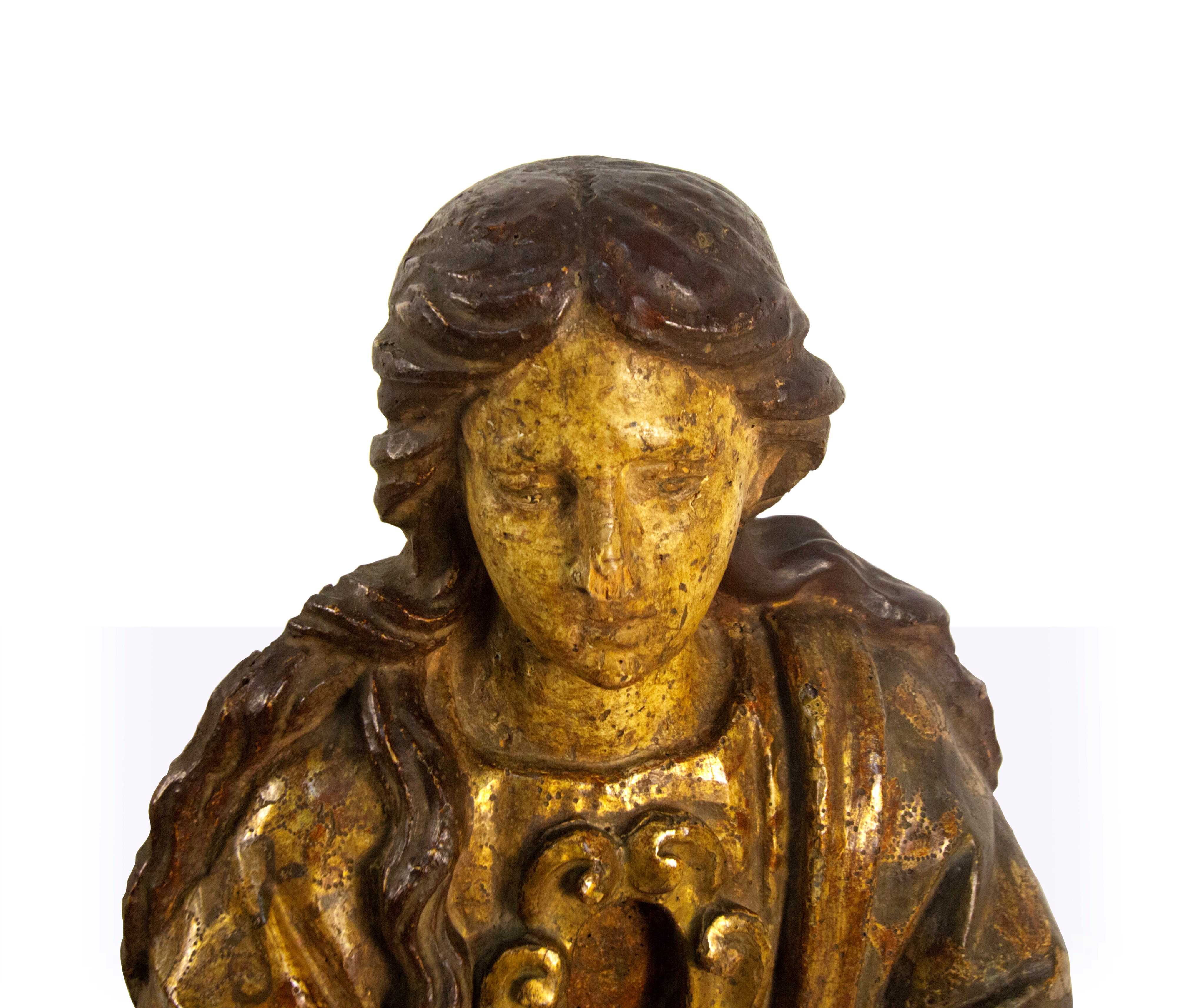 Scultura reliquiario in legno scolpito laccato e dorato