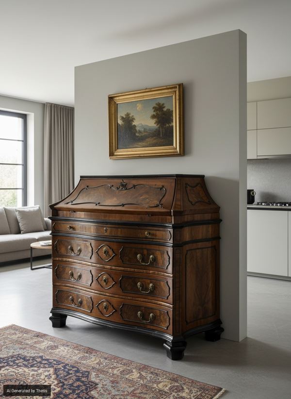 Cassettone a ribalta lastronata in noce e radica di noce, Lombardia