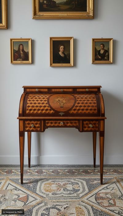 Scrivania a rullo in stile Luigi XVI, impiallacciata in legni vari, Francia, XX secolo