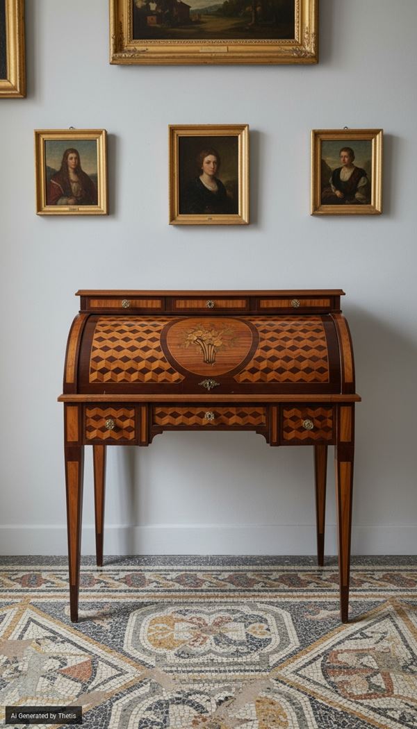 Scrivania a rullo da centro impiallacciata in legni vari, Francia