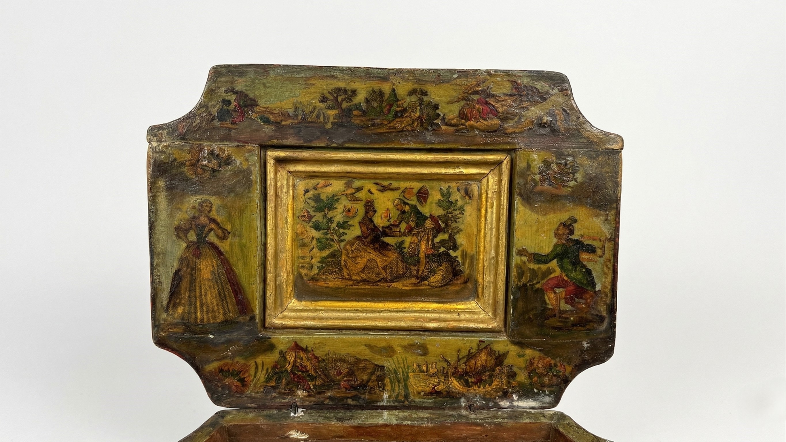 Scatola quadrangolare, legno laccato in policromia con scene galanti, Venezia, XVIII secolo