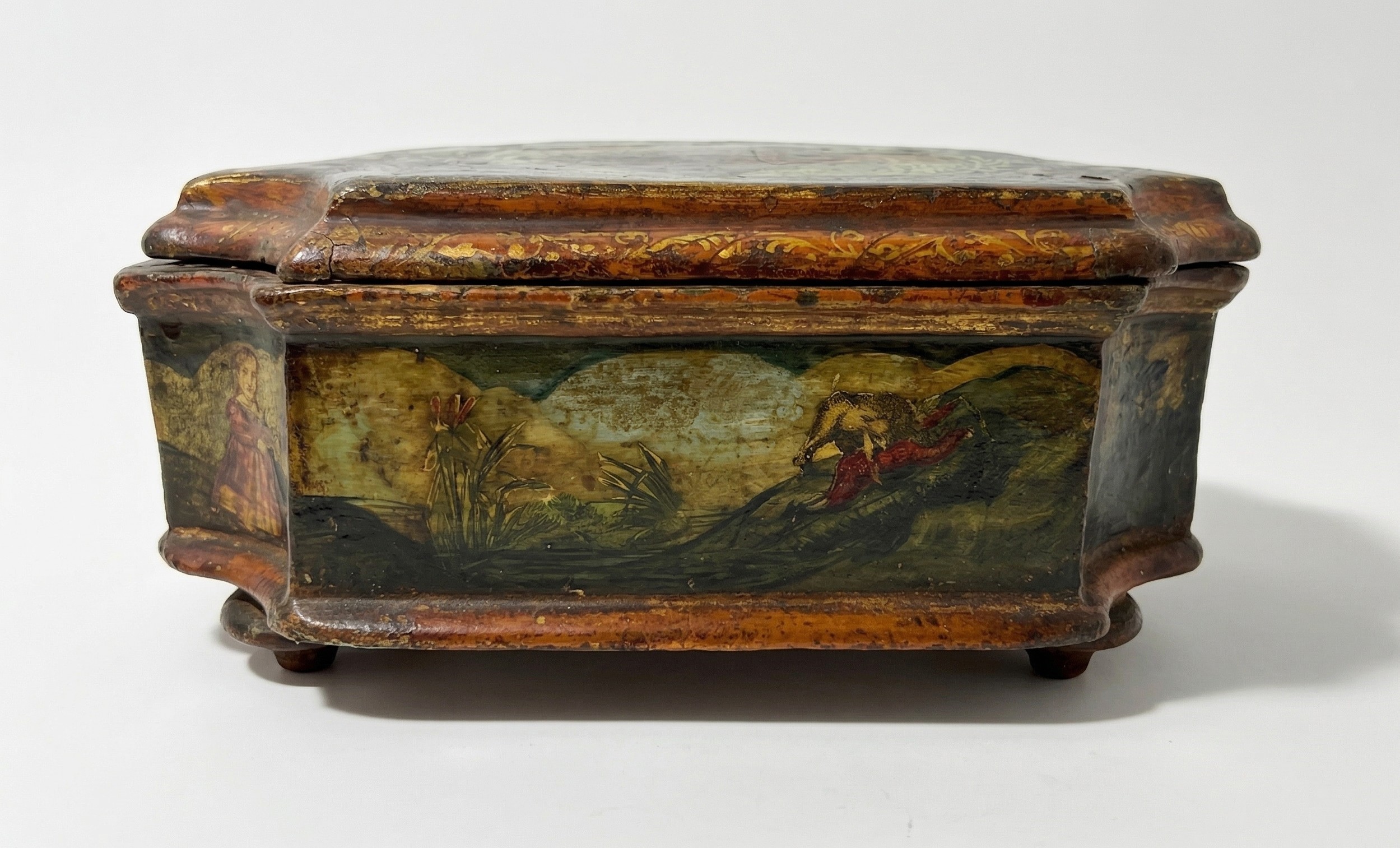 Scatola quadrangolare, legno laccato in policromia con scene galanti, Venezia, XVIII secolo