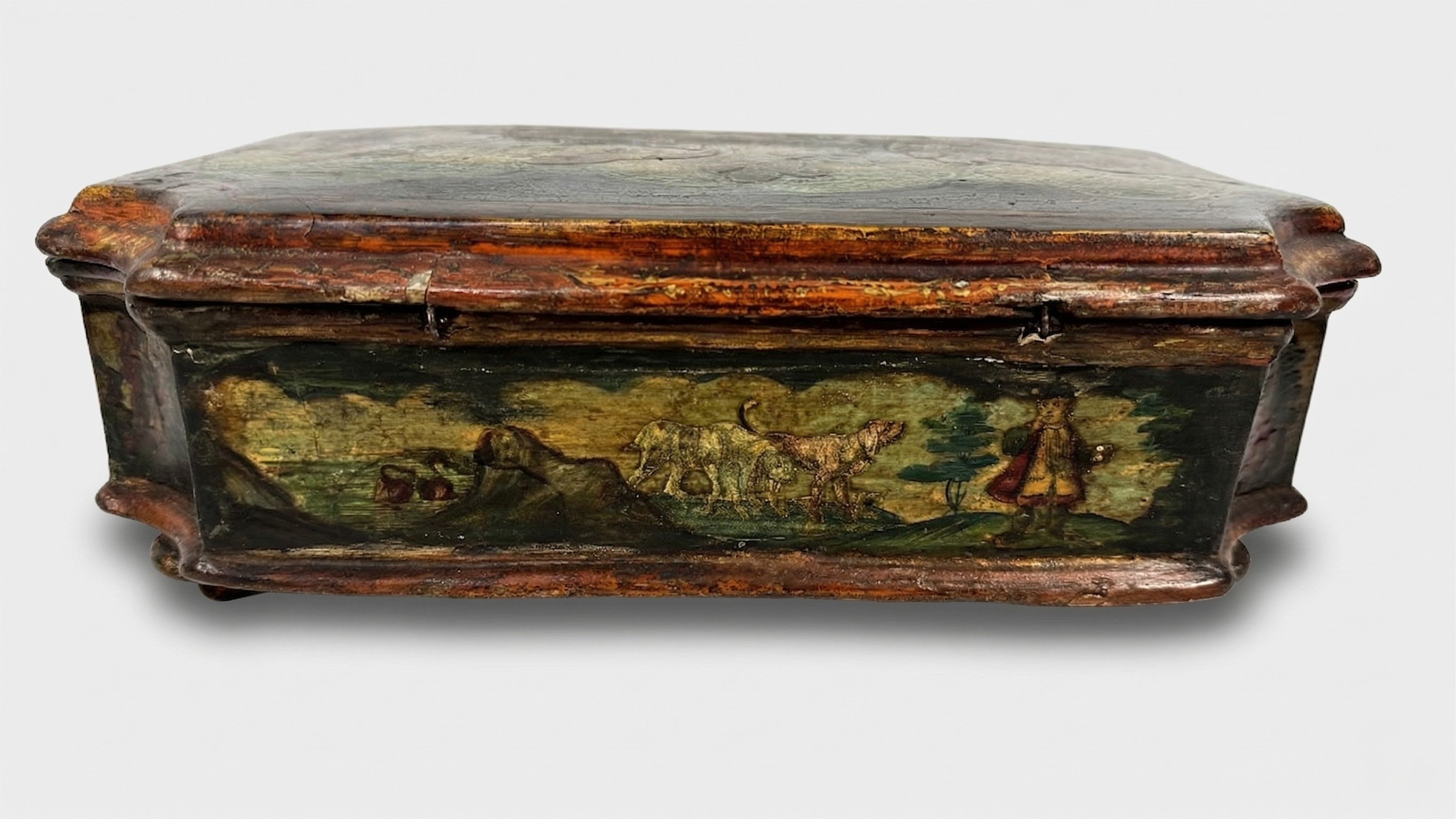 Scatola quadrangolare, legno laccato in policromia con scene galanti, Venezia, XVIII secolo