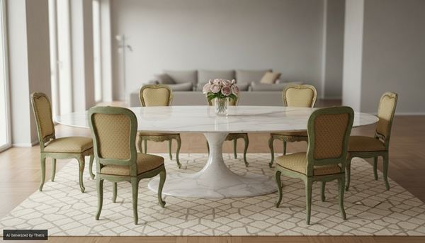 Set di nove sedie in legno laccato verde con profili dorati, 