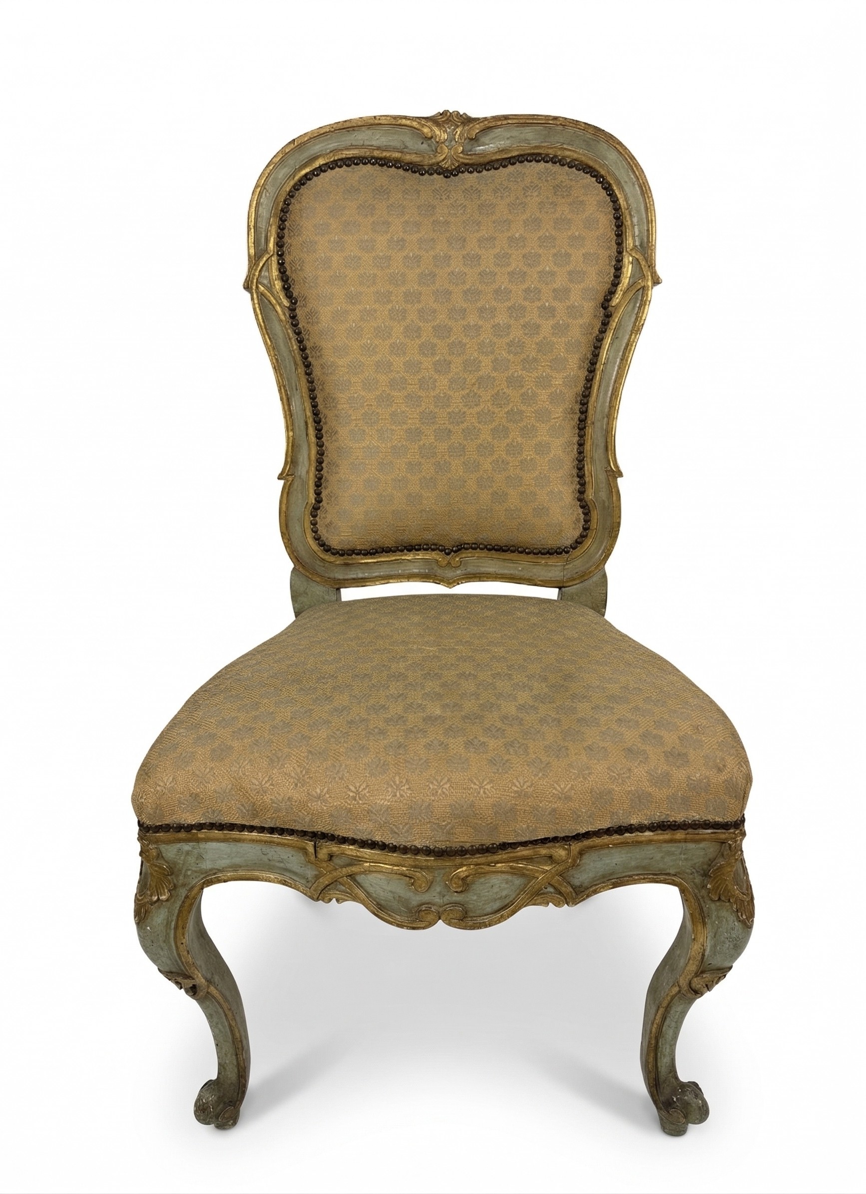 Set di nove sedie, legno laccato verde con profili dorati, XVIII secolo