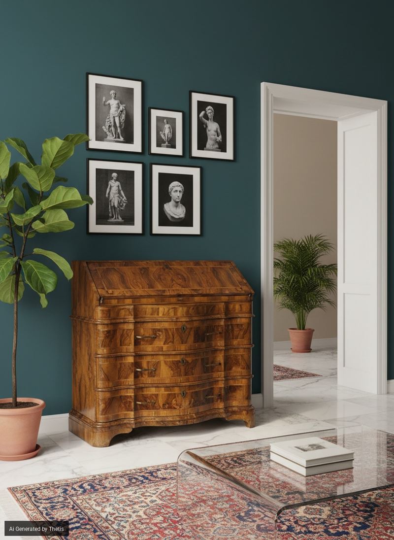 Cassettone a ribalta lastronato in radica di noce, Veneto - Ferrara