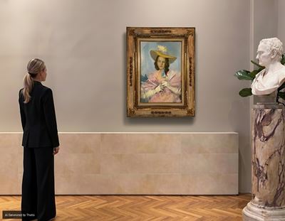 Ritratto di signora con cappello e ventaglio, olio su tela