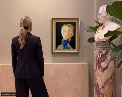 Ritratto femminile con foulard azzurro, olio su tela