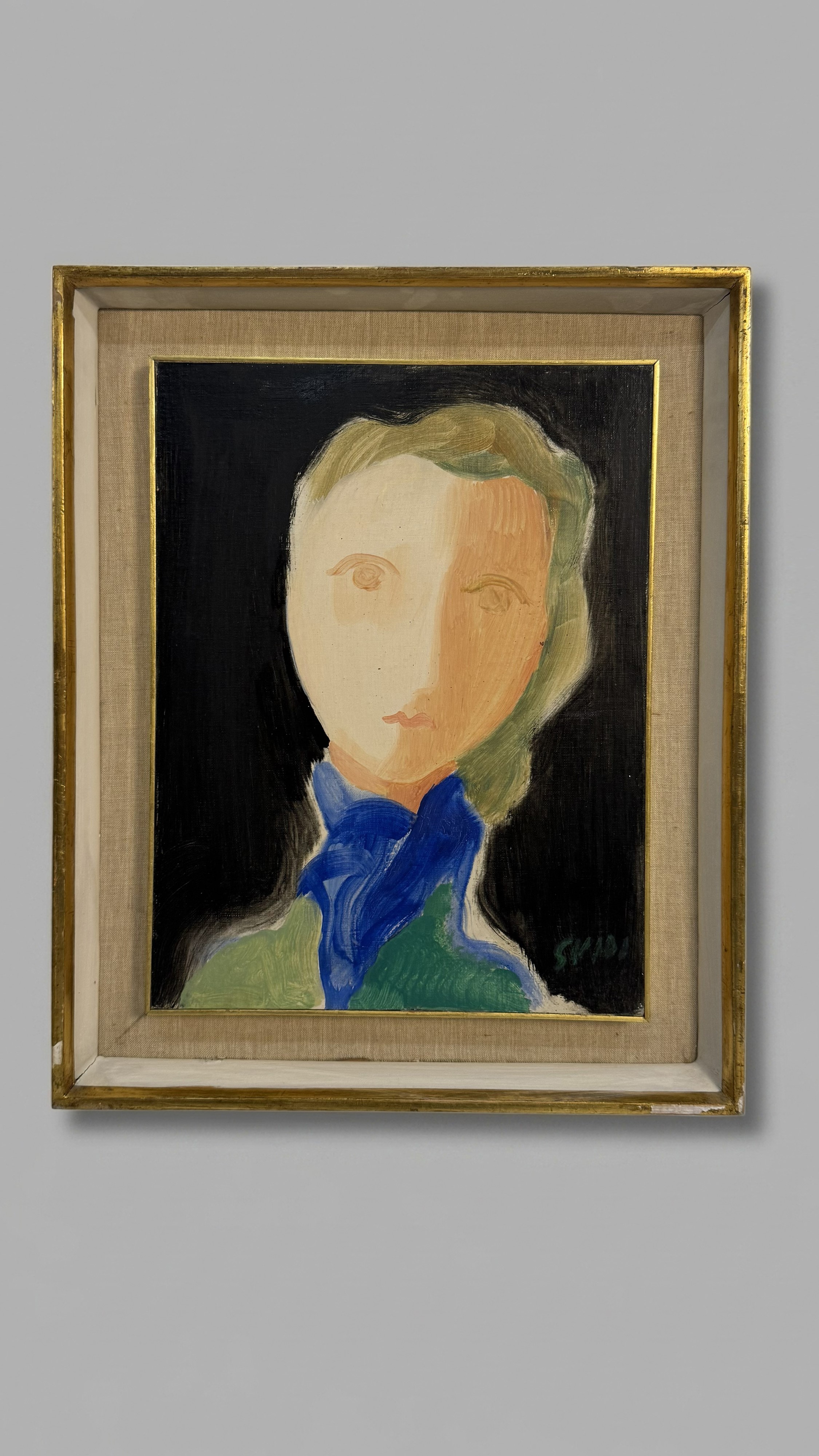 Virgilio Guidi - Ritratto femminile con foulard azzurro, olio su tela